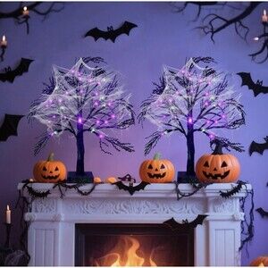 Halloween Light Up Bat Tree Pair Purple LED Spooky Tabletop Decor Home Party New